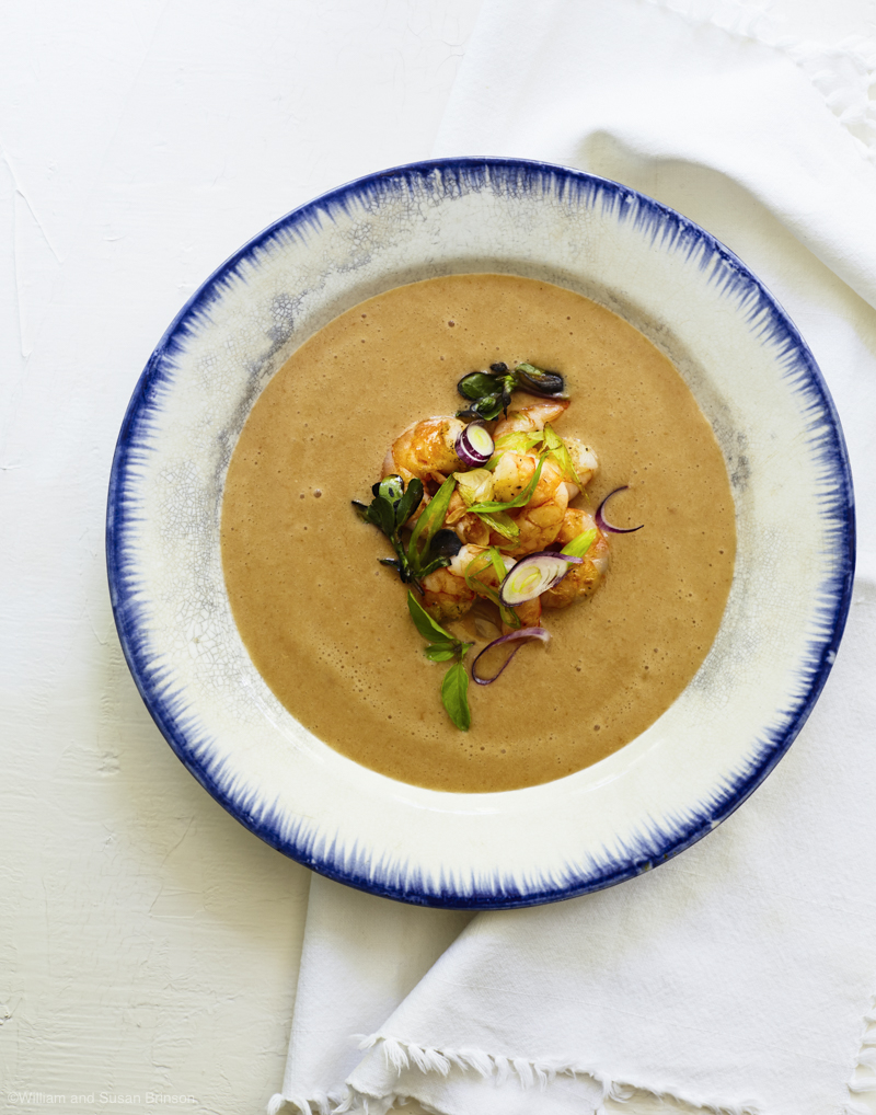 Tangy White Cherry Gazpacho with Rock Shrimp and Thai Basil