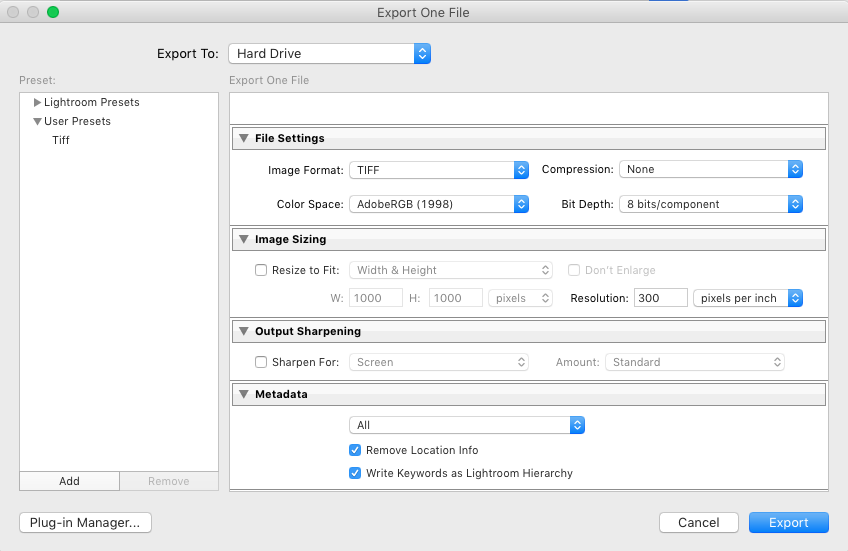 Export Dialog window, Adobe Lightroom